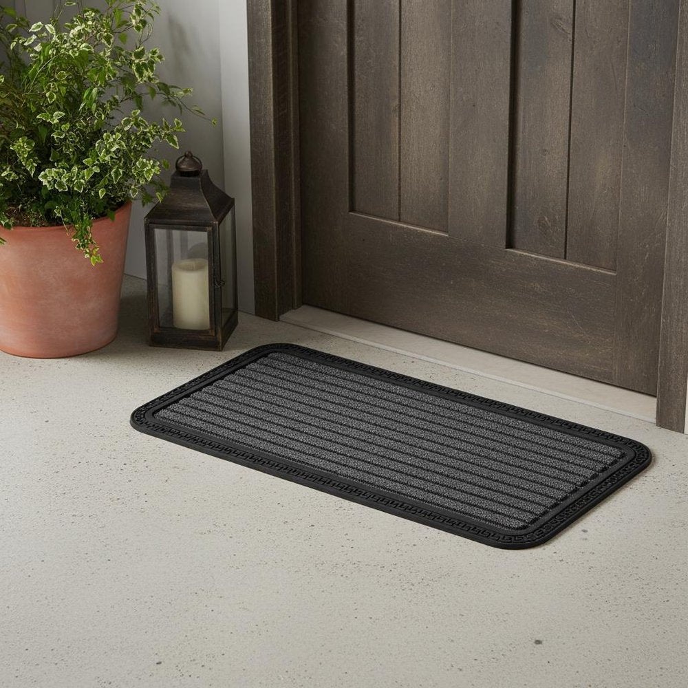10" X 30" Gray Synthetic Fiber Striped Outdoor Door Mat