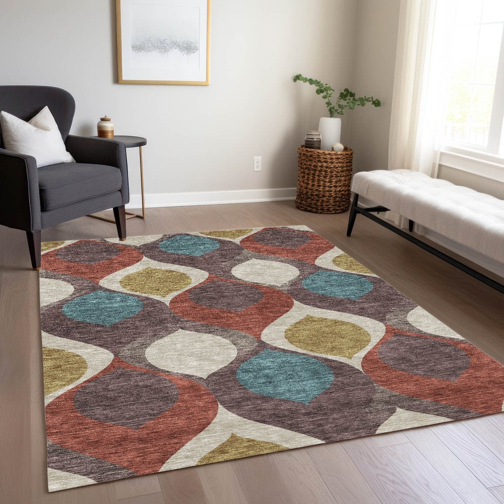 3' X 5' Brown Taupe And Teal Blue Ogee Washable Indoor Outdoor Area Rug