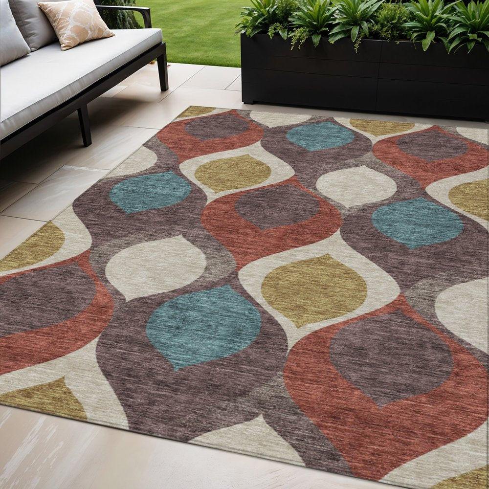 3' X 5' Brown Taupe And Teal Blue Ogee Washable Indoor Outdoor Area Rug