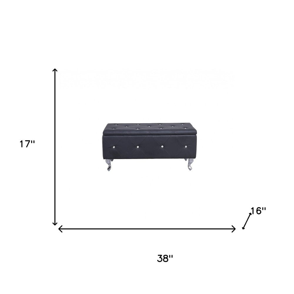 38" Black and Silver Faux Leather Storage Bench With Flip Top