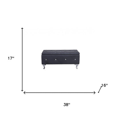 38" Black and Silver Faux Leather Storage Bench With Flip Top