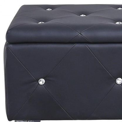 38" Black and Silver Faux Leather Storage Bench With Flip Top