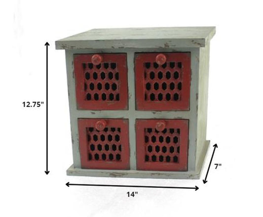 14" Red And White Distressed Wood Four Drawer Desk Organizer