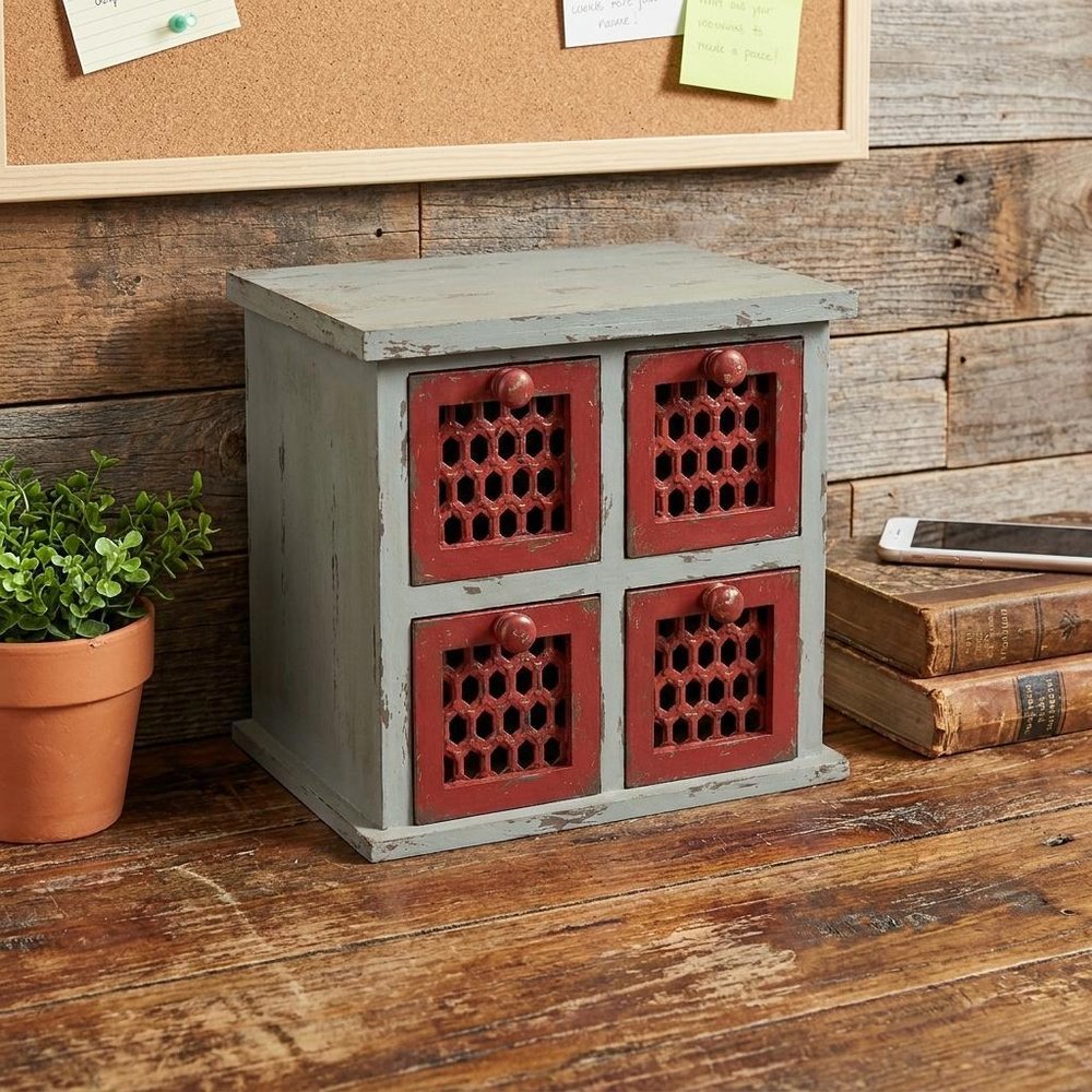 14" Red And White Distressed Wood Four Drawer Desk Organizer