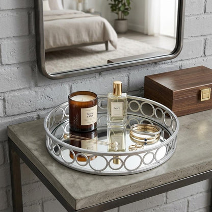 14" Silver Round Metal Geometric Vanity Tray