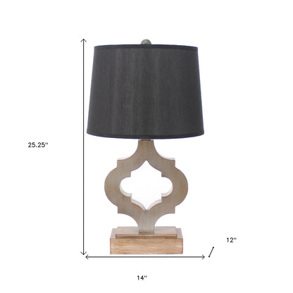 25" Distressed Brown Wood Novelty Bedside Lamp With Black Drum Shade