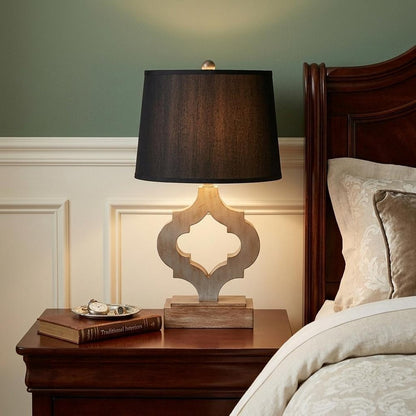 25" Distressed Brown Wood Novelty Bedside Lamp With Black Drum Shade