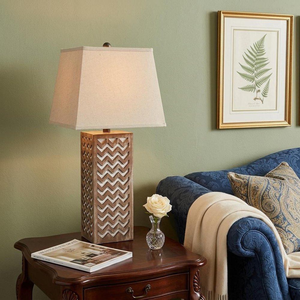 28" Distressed Natural And Silver Metal Bedside Lamp With Beige Cone Shade