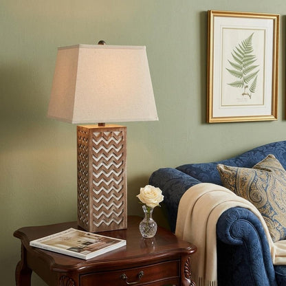 28" Distressed Natural And Silver Metal Bedside Lamp With Beige Cone Shade