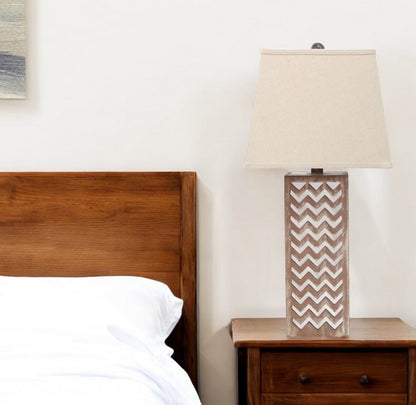 28" Distressed Natural And Silver Metal Bedside Lamp With Beige Cone Shade