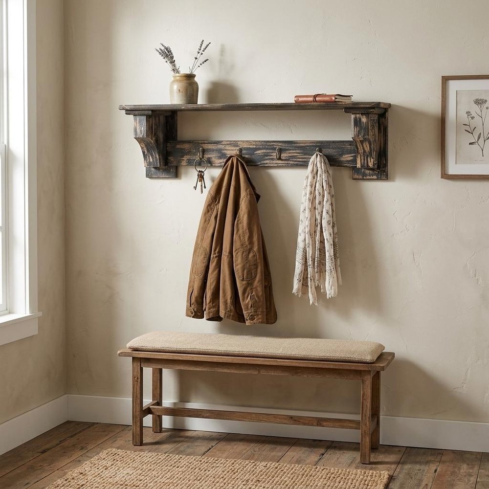 30" Red Distressed Wood Four Hook Wall Mounted Hanging Coat Rack