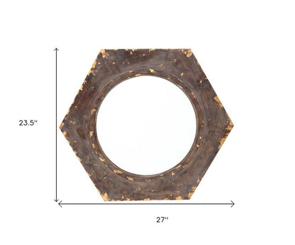 24" Bronze Hexagon Distressed Wood Framed Accent Mirror