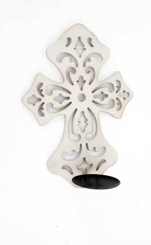 11" White Floral Solid Wood Wall Sconce Candle Holder