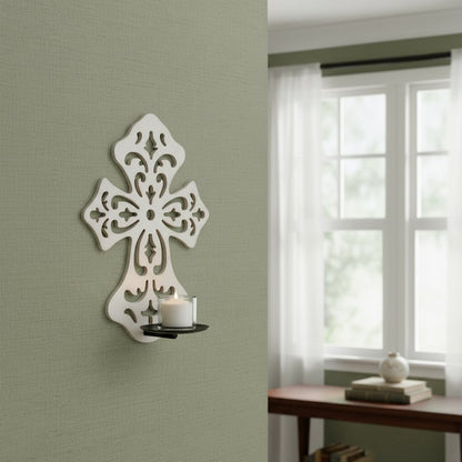 11" White Floral Solid Wood Wall Sconce Candle Holder