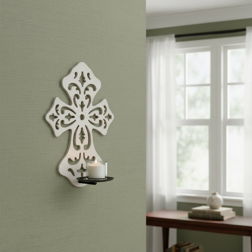 11" White Floral Solid Wood Wall Sconce Candle Holder