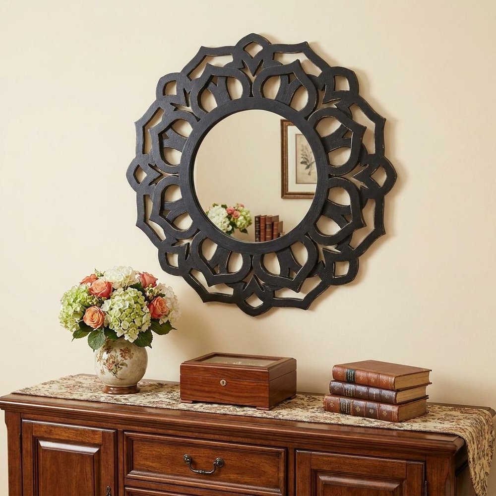 24" Black Abstract Wood Framed Accent Mirror