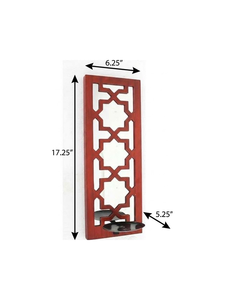 17" Red And Silver Lattice Solid Wood Wall Sconce Candle Holder