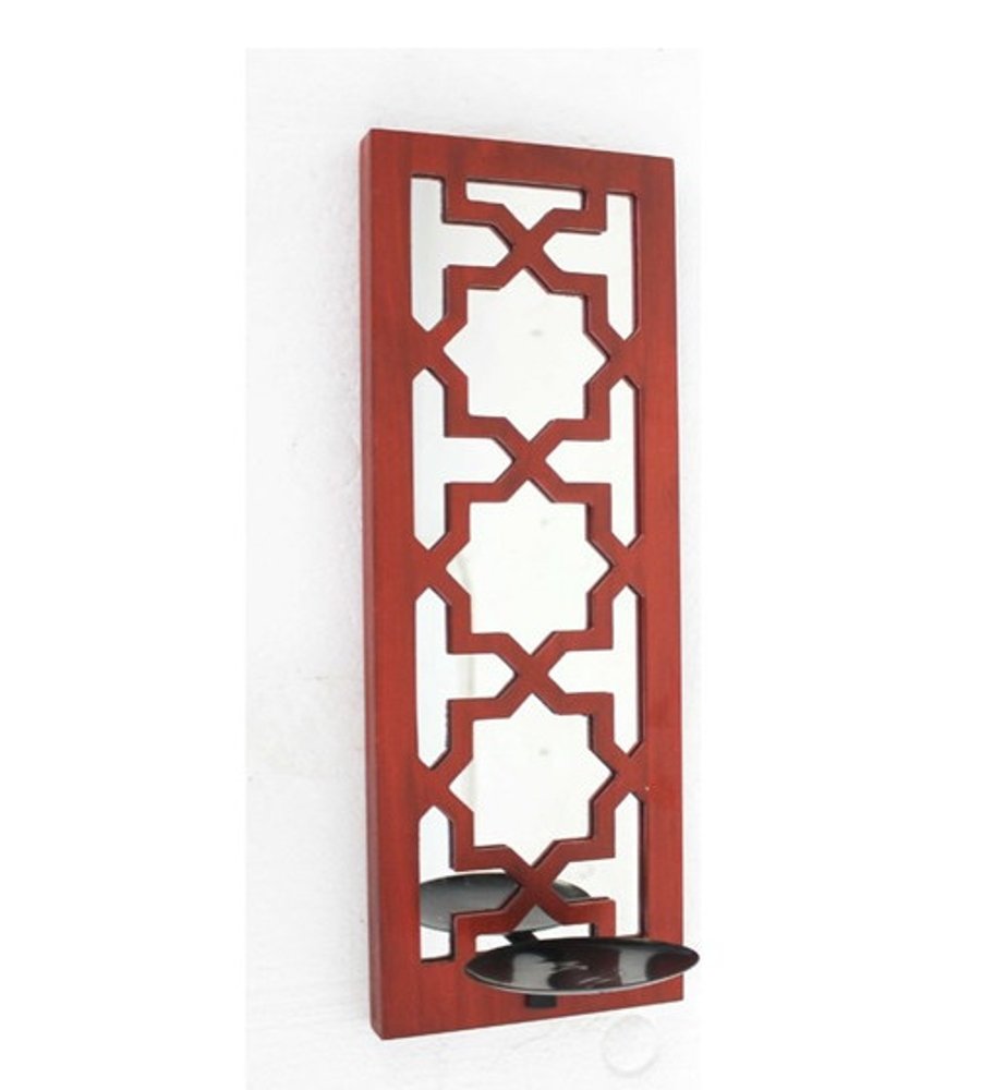17" Red And Silver Lattice Solid Wood Wall Sconce Candle Holder