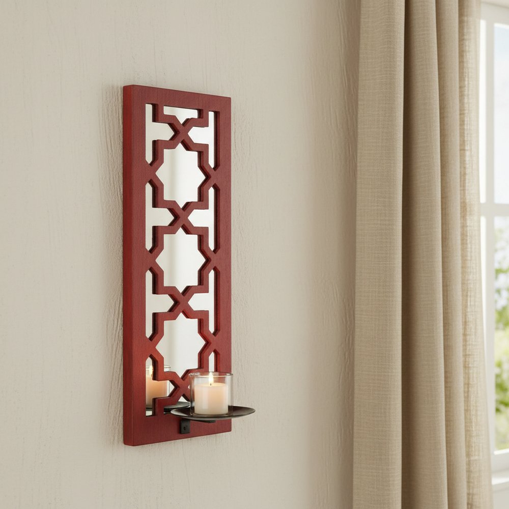 17" Red And Silver Lattice Solid Wood Wall Sconce Candle Holder