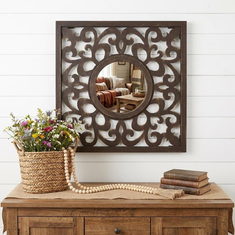 24" Brown Circle In Square Vintage Style Framed Accent Mirror