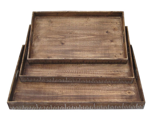 Set of Three Brown Wood Nesting Serving Trays