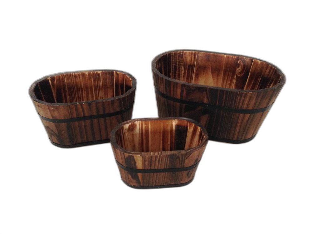 Set of Three Brown Solid Wood Rectangular Pot Planter
