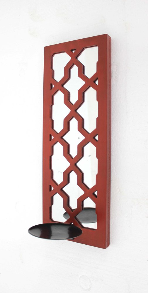 17" Red And Silver Geometric Solid Wood Wall Sconce Candle Holder