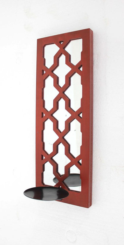 17" Red And Silver Geometric Solid Wood Wall Sconce Candle Holder