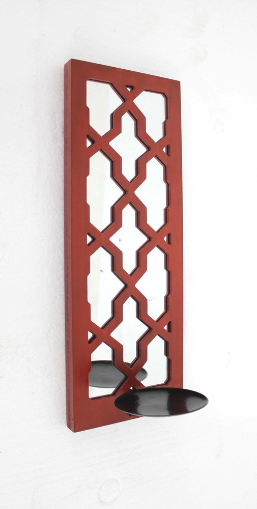 17" Red And Silver Geometric Solid Wood Wall Sconce Candle Holder