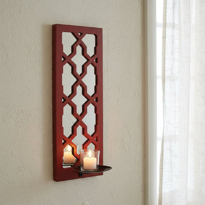 17" Red And Silver Geometric Solid Wood Wall Sconce Candle Holder