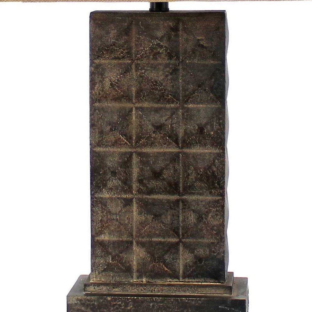 30" Distressed Bronze Metal Bedside Lamp With Khaki Shade