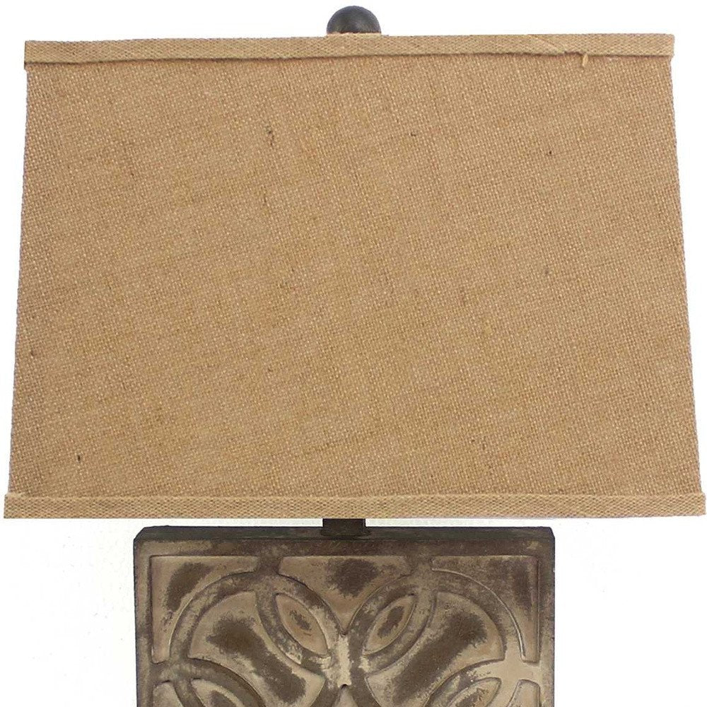 25" Distressed Brown Metal Bedside Lamp With Khaki Shade