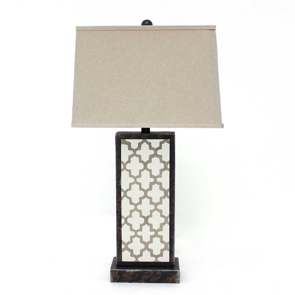 30" Distressed Bronze Metal Bedside Lamp With Beige Shade