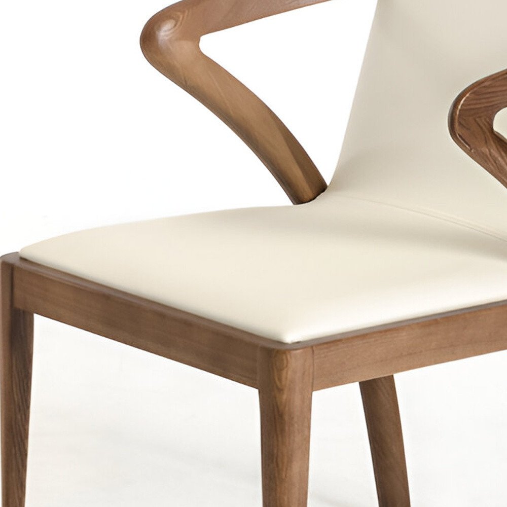 Cream and Brown Upholstered Faux Leather Dining Arm Chair