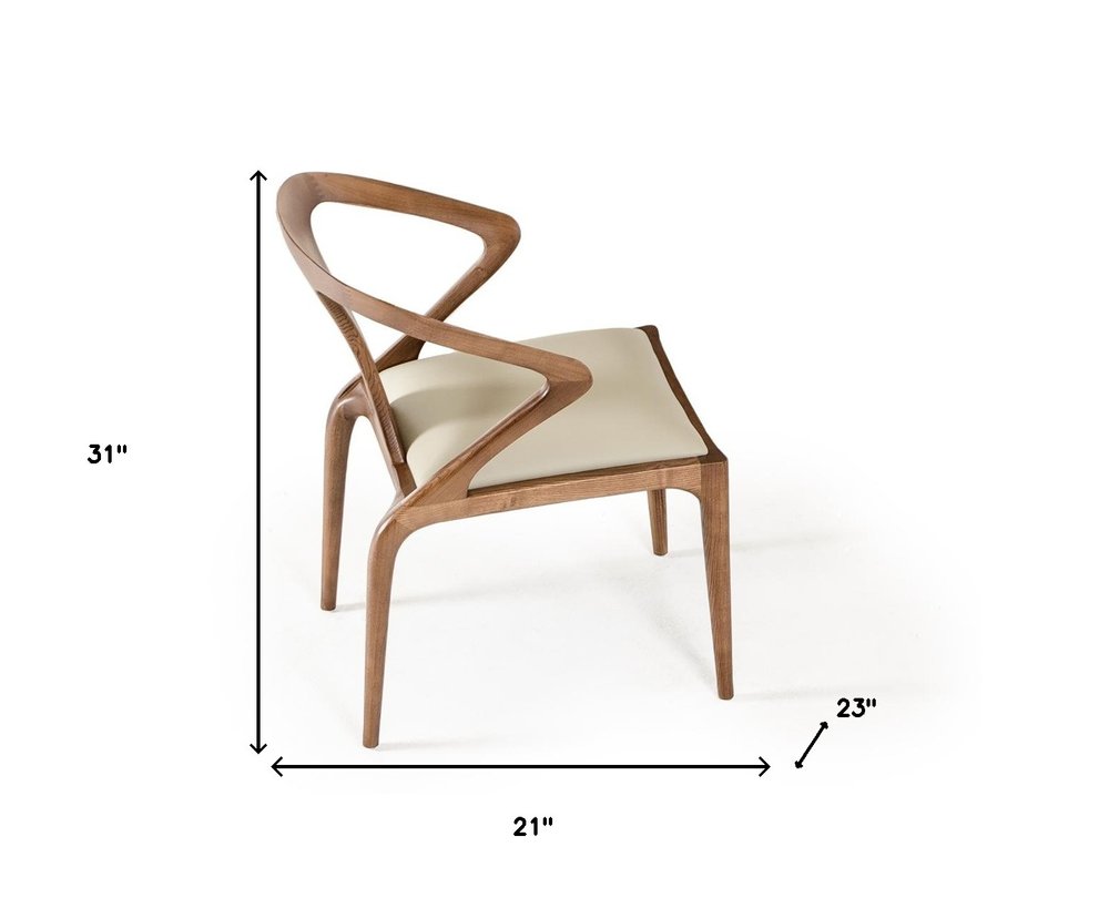 White and Brown Upholstered Faux Leather Curved Back Dining Arm Chair