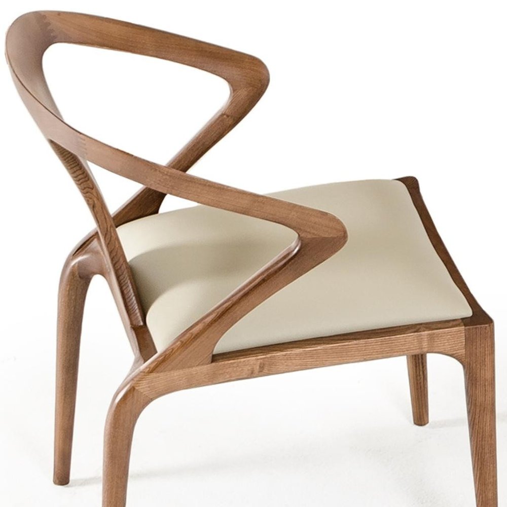 White and Brown Upholstered Faux Leather Curved Back Dining Arm Chair