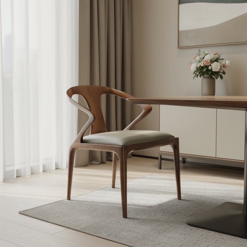 White and Brown Upholstered Faux Leather Curved Back Dining Arm Chair