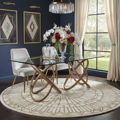 94" Clear And Natural Glass And Solid Wood Pedestal Base Dining Table