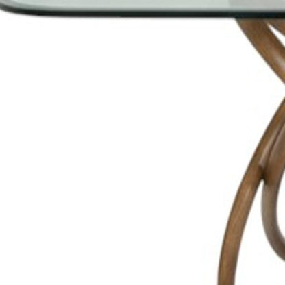 94" Clear And Natural Glass And Solid Wood Pedestal Base Dining Table