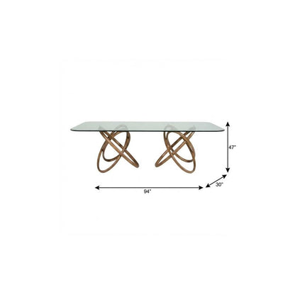 94" Clear And Natural Glass And Solid Wood Pedestal Base Dining Table