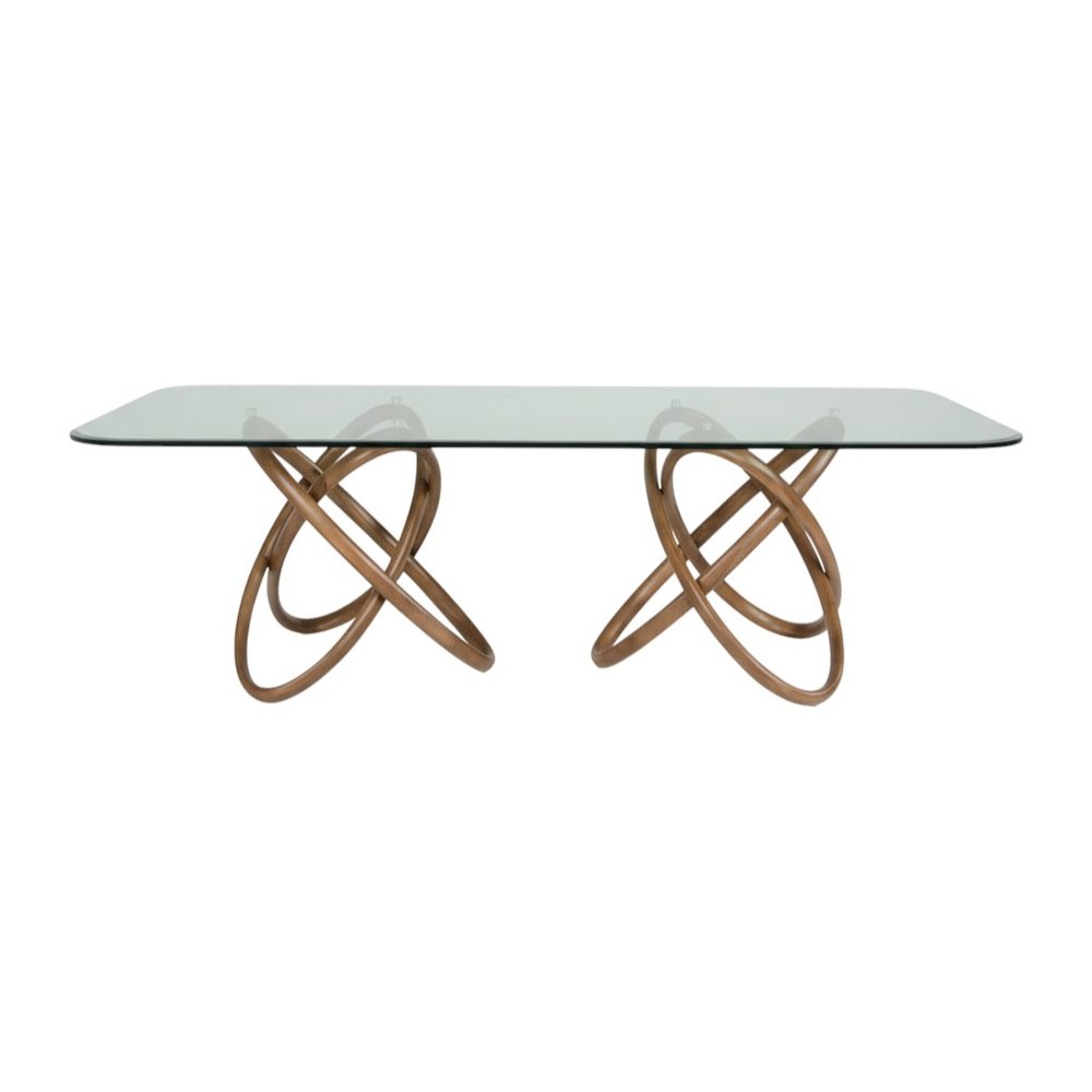 94" Clear And Natural Glass And Solid Wood Pedestal Base Dining Table