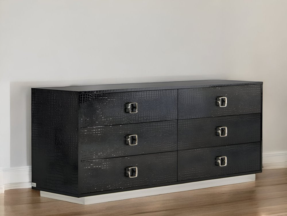 63" Black Six Drawer Shagreen Faux Croc Double Dresser