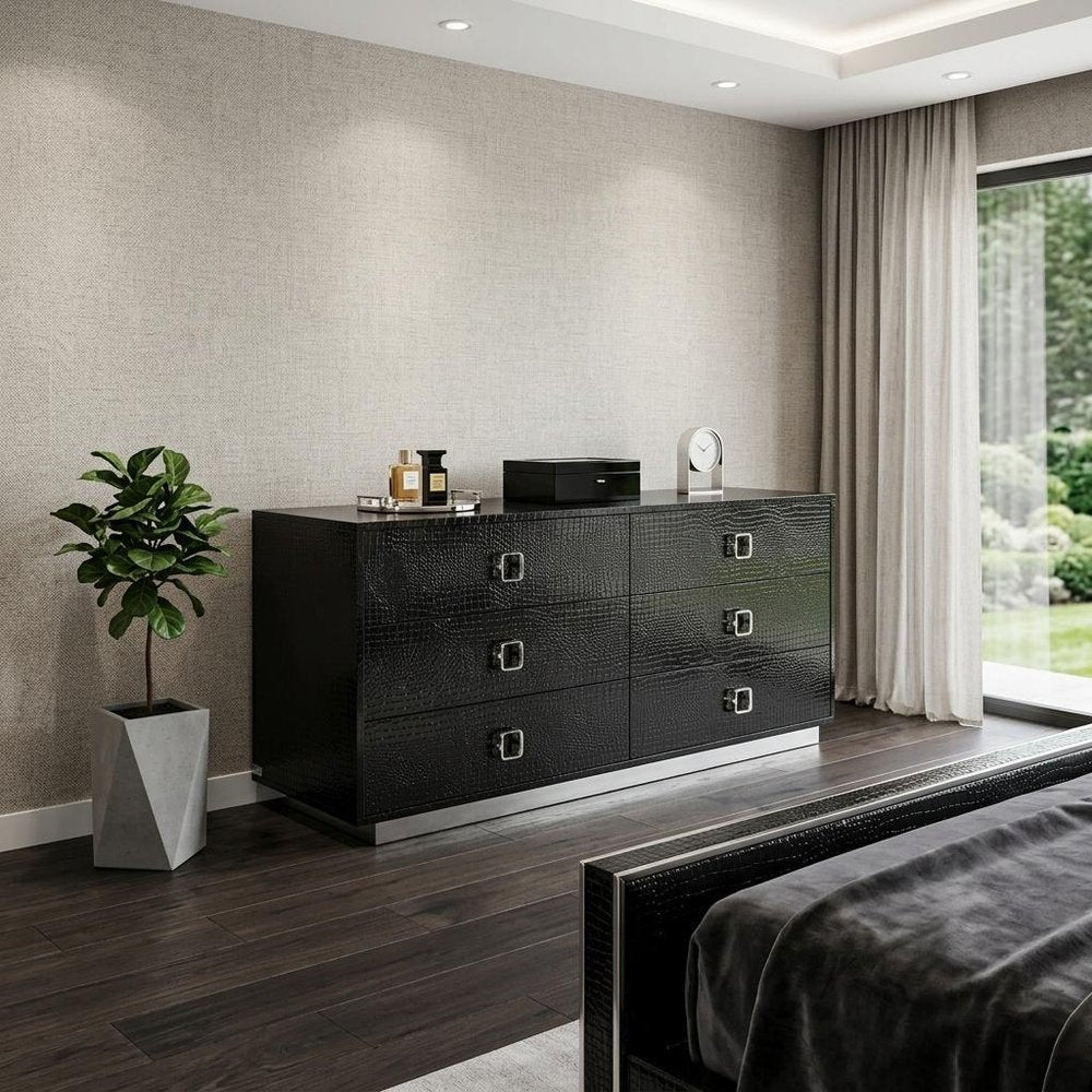 63" Black Wood Six Drawer Double Dresser