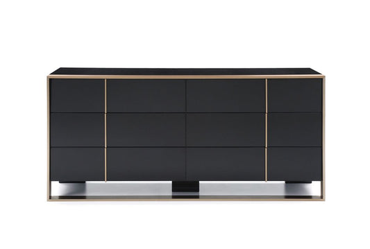 55" Black And Gold Solid Wood Six Drawer Double Dresser