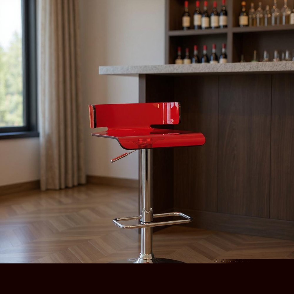 Red and Silver Acrylic and Metal Low Back Adjustable Height Bar Chair