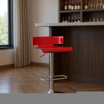 Red and Silver Acrylic and Metal Low Back Adjustable Height Bar Chair