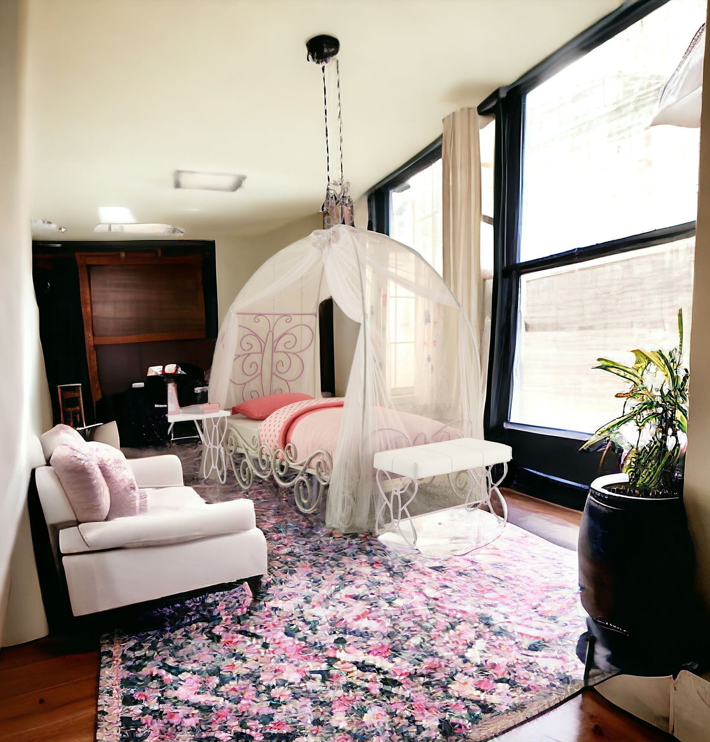 Purple and White Metal Canopy Bed Frame