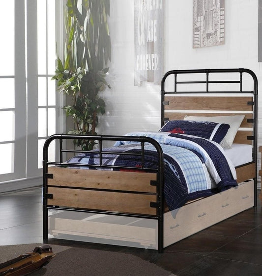 Black And Oak Shiplap Texture Wood and Metal Twin Bed Frame