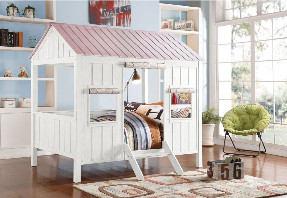 Pink and White Wood Full Bed Frame