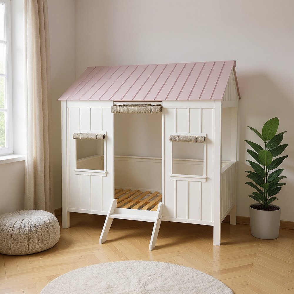 Pink and White Wood Full Bed Frame